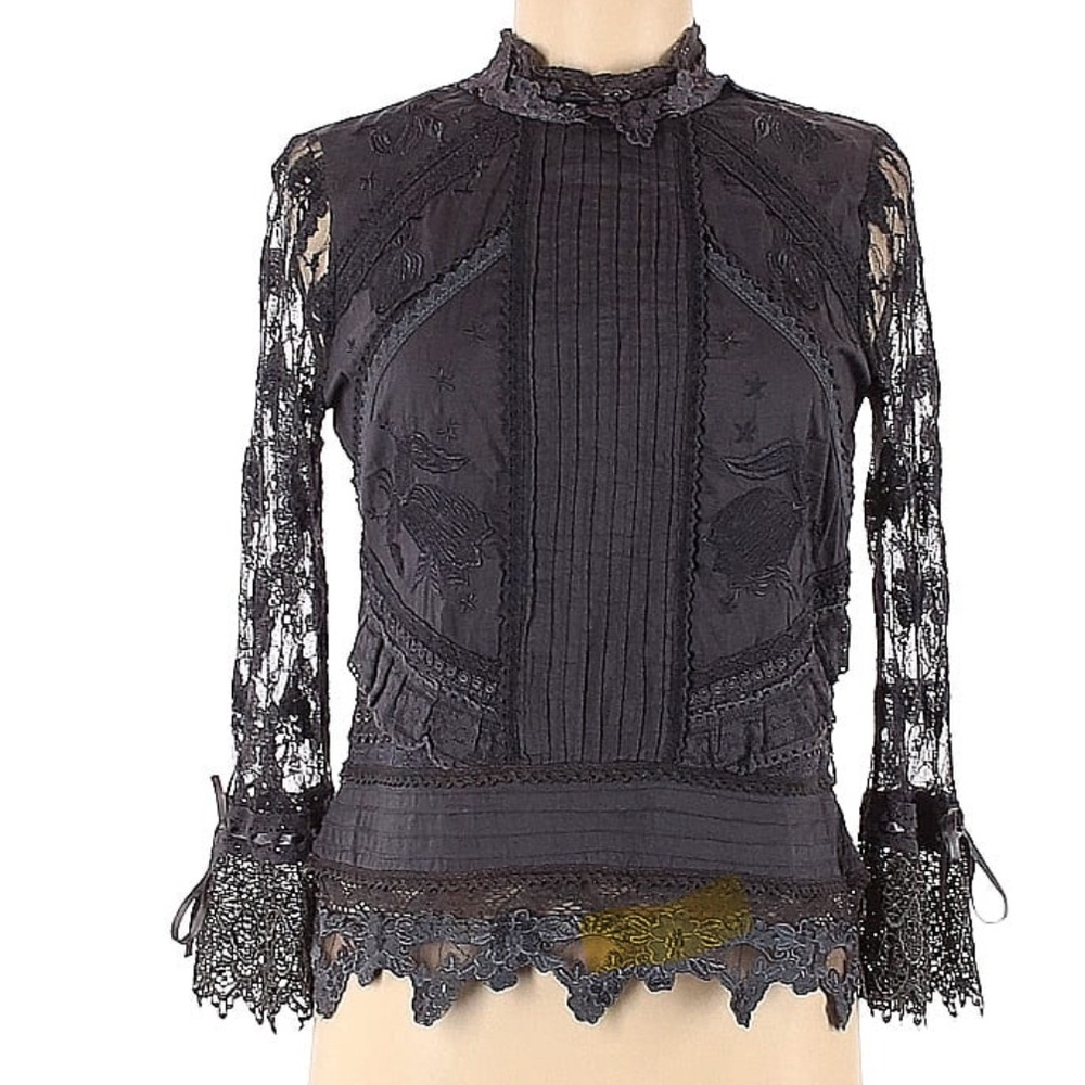 Whistles London grey lace and embroidered top blouse size US6 UK10